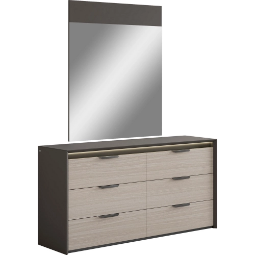 Muse Dresser & Mirror Set in Cocoa Grey, White Oak & LED Light